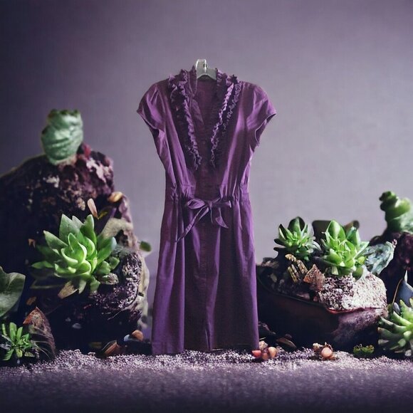 The Limited Shirt Dress Button Front Tie Belt Purple Ruffle Cap Sleeve Pockets S - Picture 3 of 8